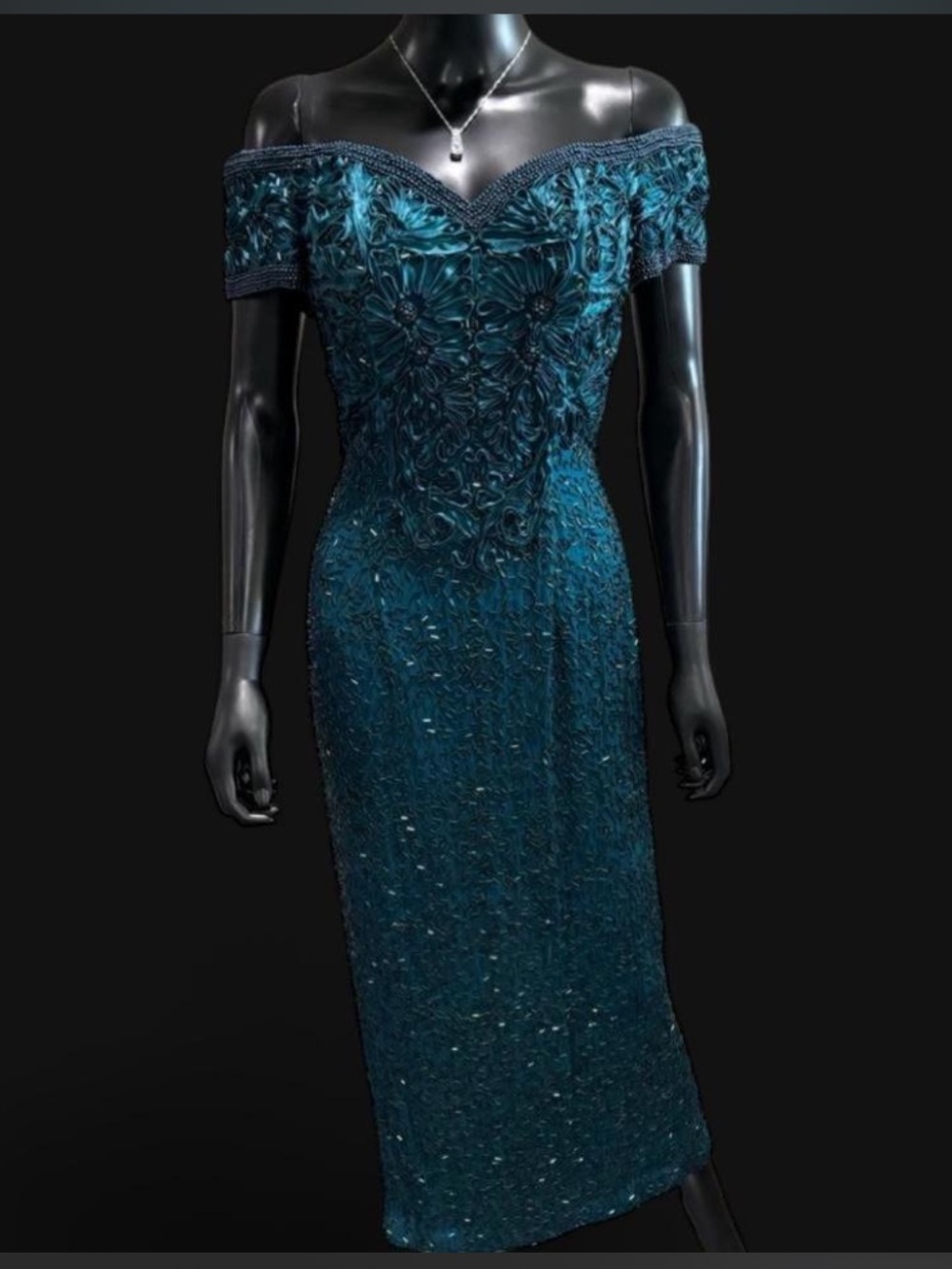 Alyce Designs vintage dark teal long beaded evening gown size 6